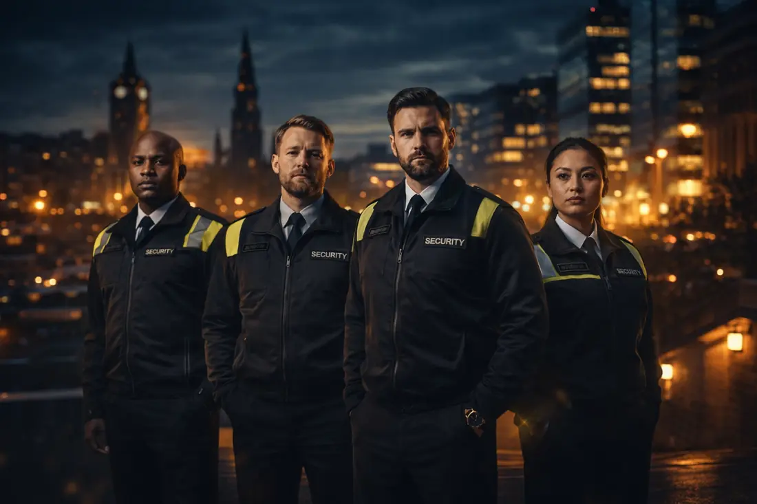 Four Titans Security officers in uniform at night with the Edinburgh skyline behind them